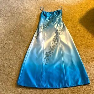 Blue to white ombré lace up back dress. Floor length flower beaded embroidery